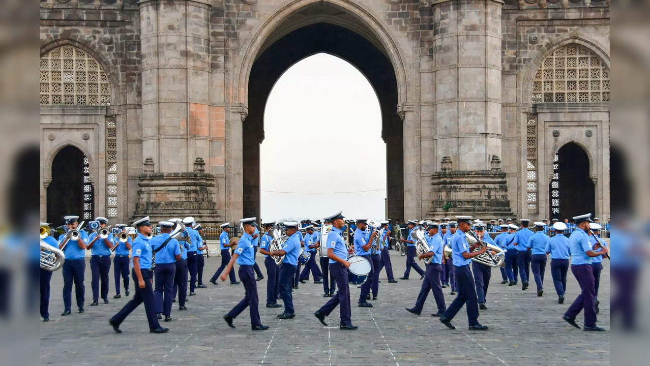 Indian Navy band rehearsal for Navy Day celebrations near the Gateway of India in Mumbai