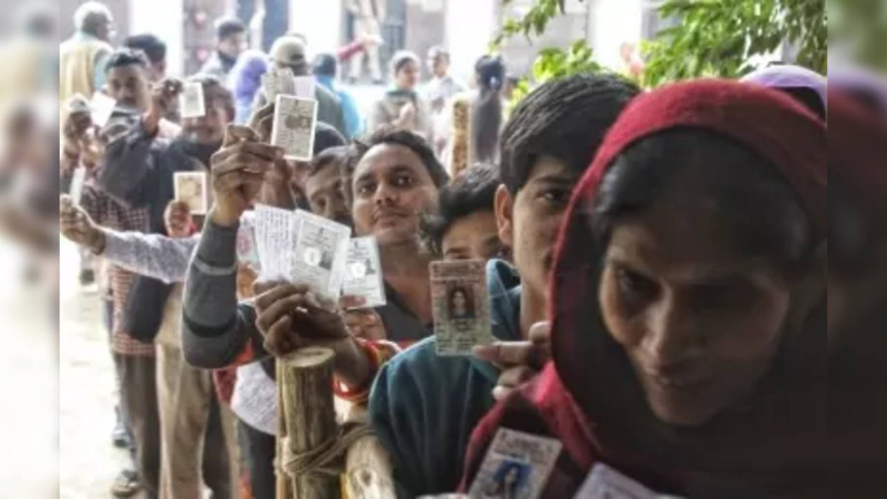 New Delhi: Voters stand in a queue as they wait to cast their votes for the Municipal Corporation of Delhi (MCD) elections, at a polling station in New Delhi on Sunday, December 04, 2022. (Photo: IANS/Wasim Sarvar)