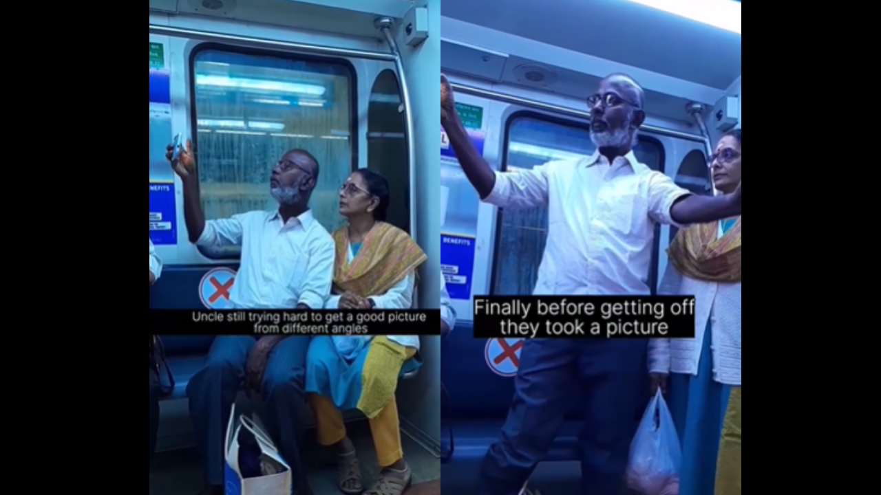 Elderly couple tries to click selfie inside metro