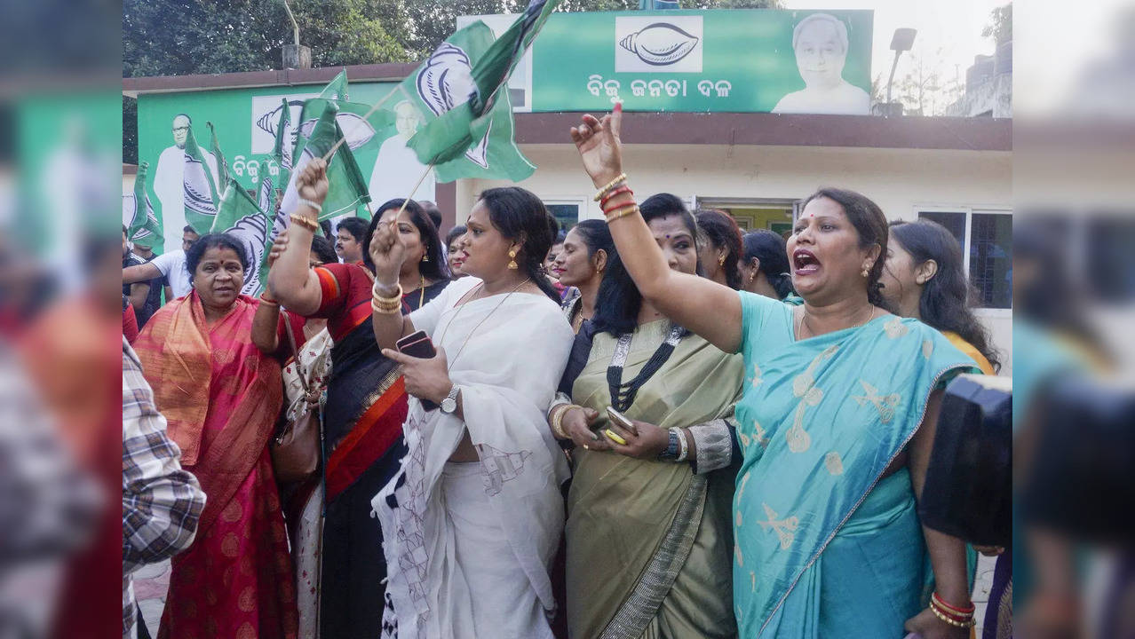 Bhubaneswar: Biju Janata Dal (BJD) workers celebrate after party leader Barsha S...