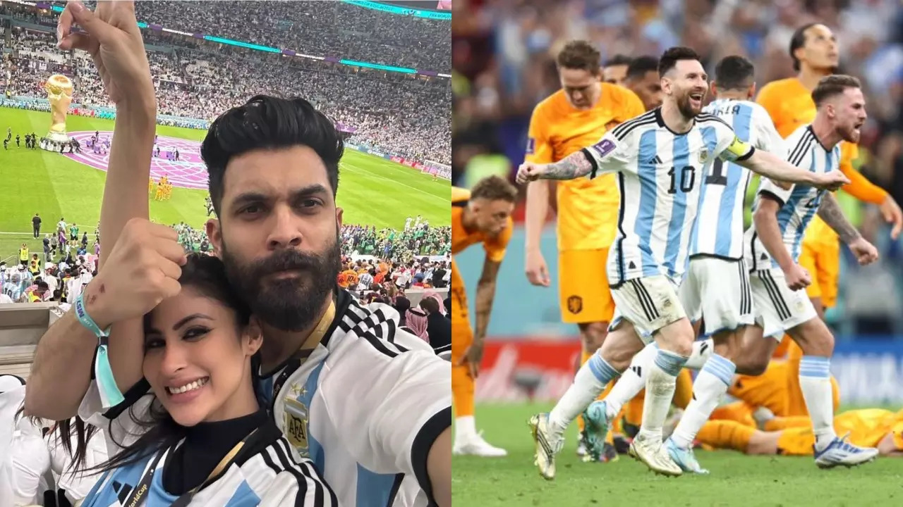 Vamos! Mouni Roy viert samen met haar man Suraj de overwinning van Messi in Argentinië op Nederland. foto