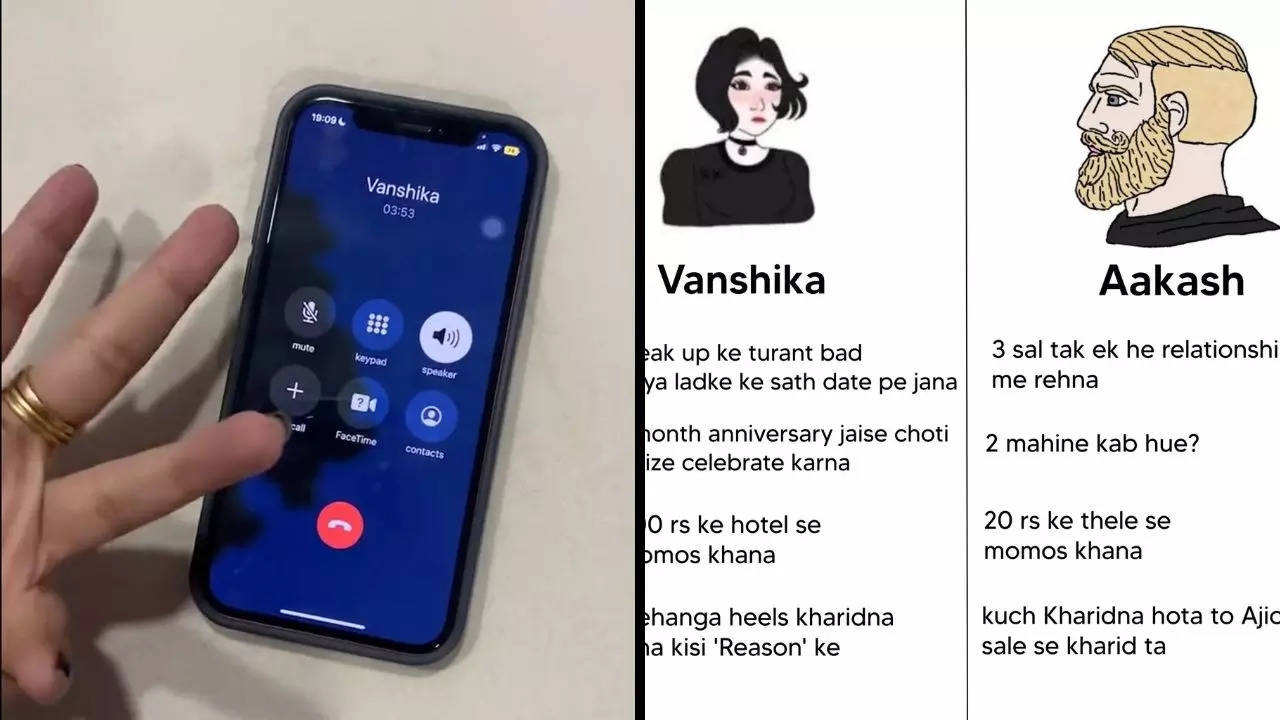 Left: A screenshot of Vanshika's post-breakup rant video; right: A meme compares her with Akash