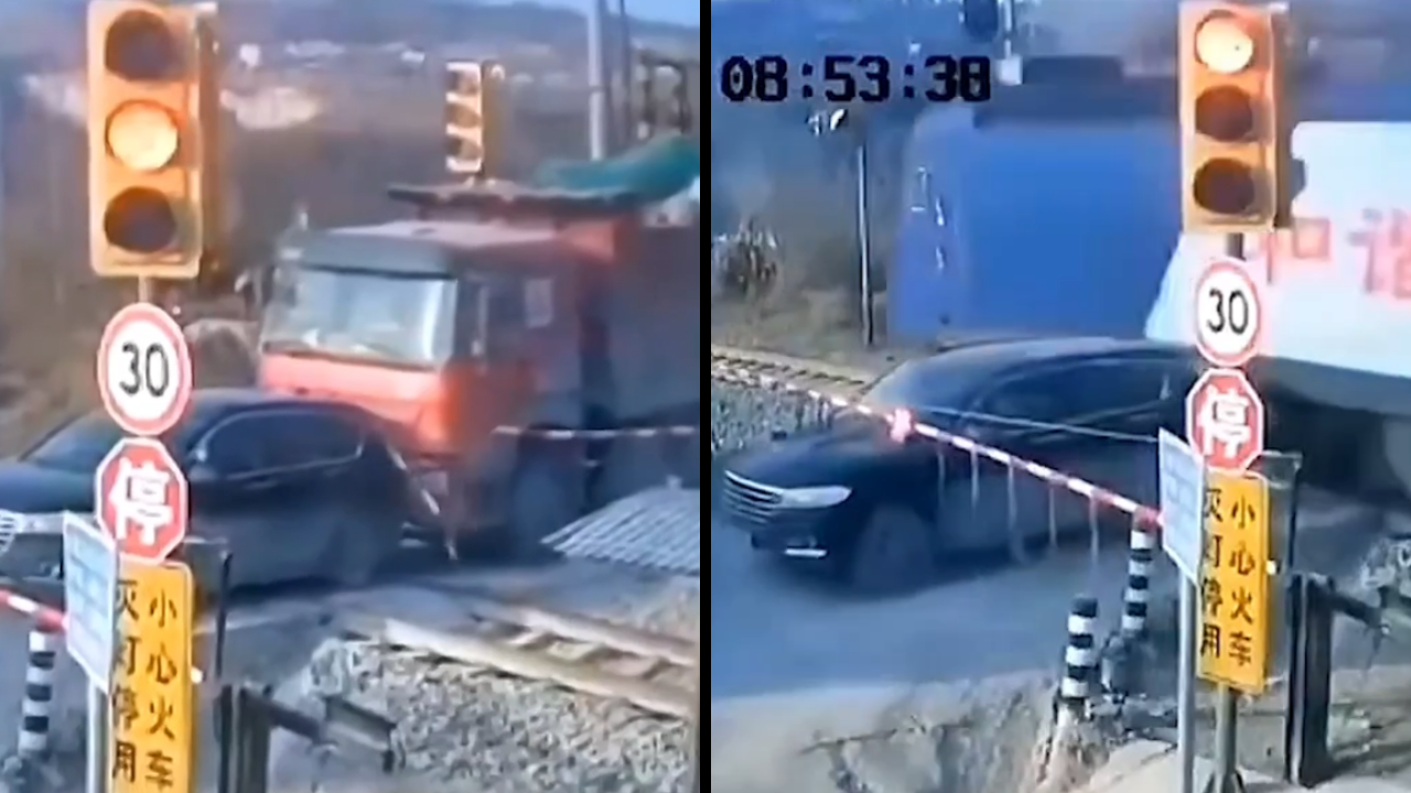 SUV narrowly misses being hit by train in Zibo city of China | Screengrab from footage published by NowThis