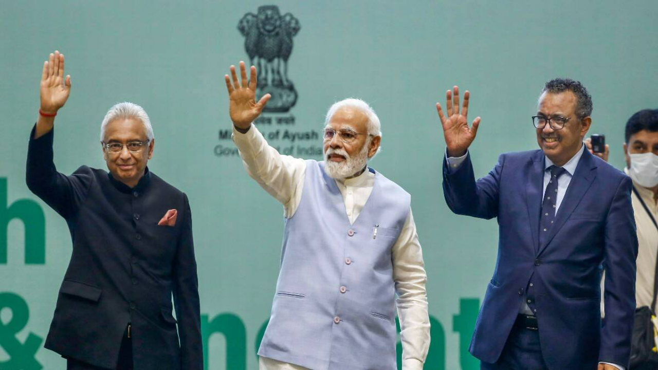 Prime Minister Narendra Modi, Director General of World health organization (WHO) Tedros Adhanom Ghebreyesus and Mauritius Prime Minister Pravind Jugnauth during the 'Global Ayush Investment and Innovation Summit' in Gandhinagar. (PTI)