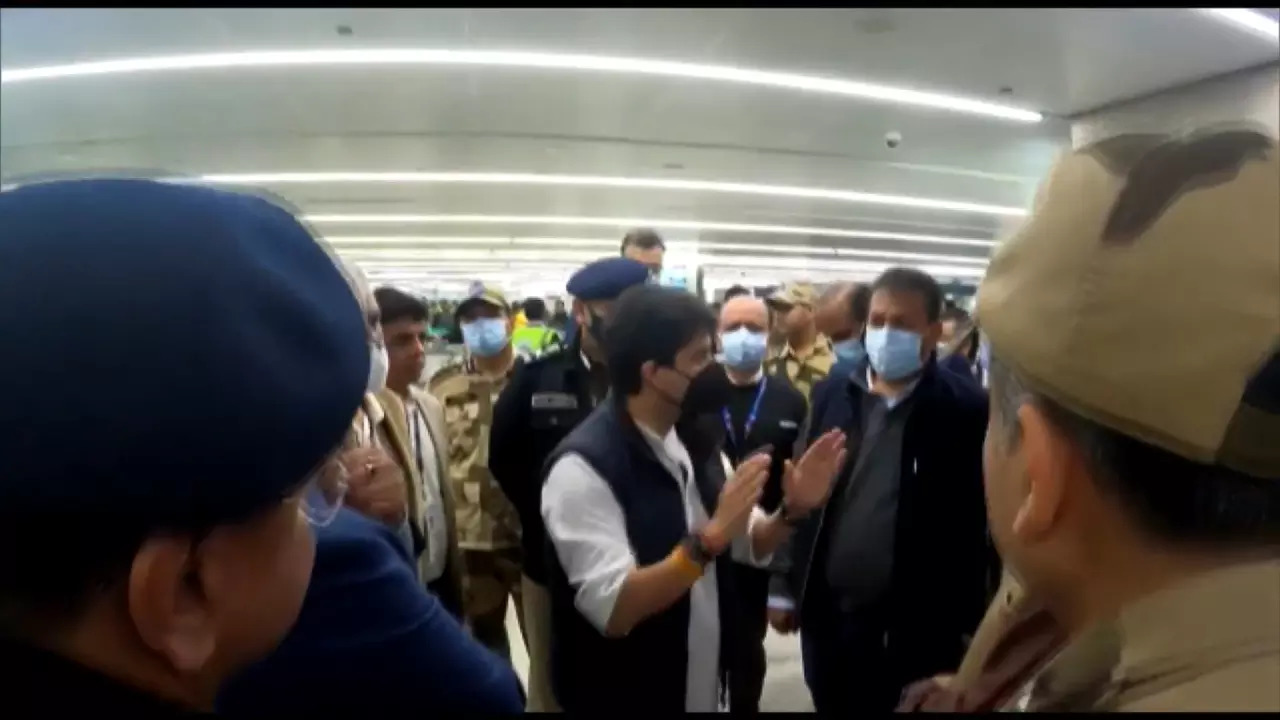 Union Civil Aviation Minister Jyotiraditya Scindia at Delhi Airport.