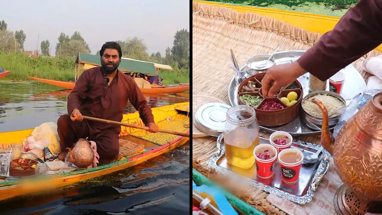 Left: Mushtaq Akhoon paddles his family Shikara on the floating vegetable market; Right: The tea master adds rose petals to his Kashmiri Kahah | Screenshot from video by Food Founder