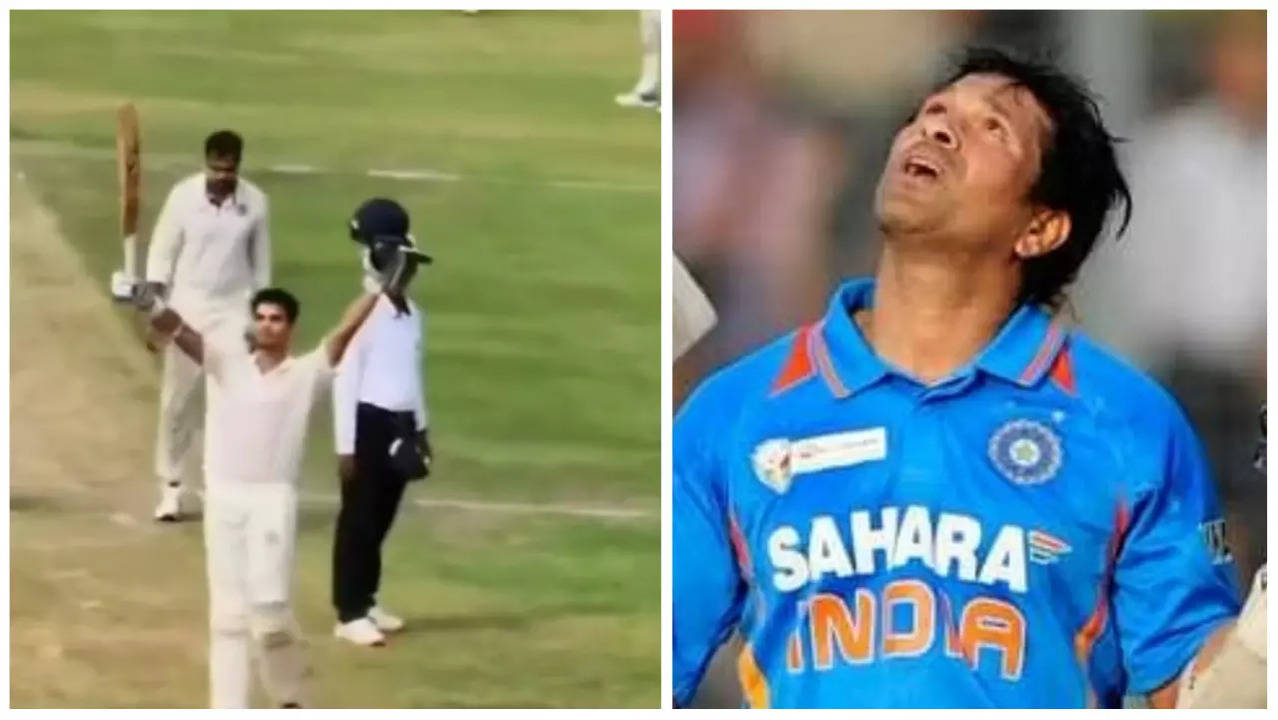 Arjun Tendulkars Sachin-esque celebration video after debut Ranji Trophy ton goes viral