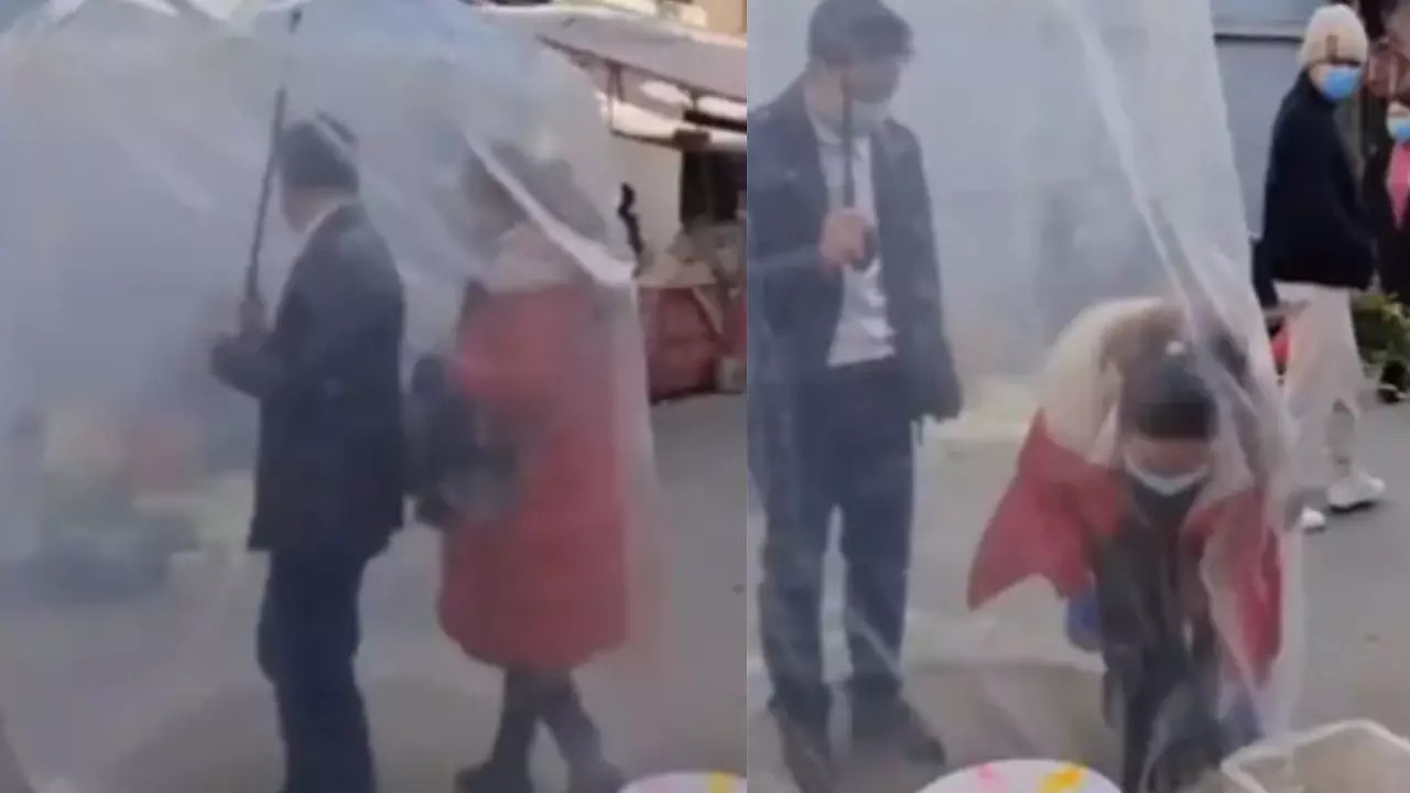 Chinese couple's umbrella