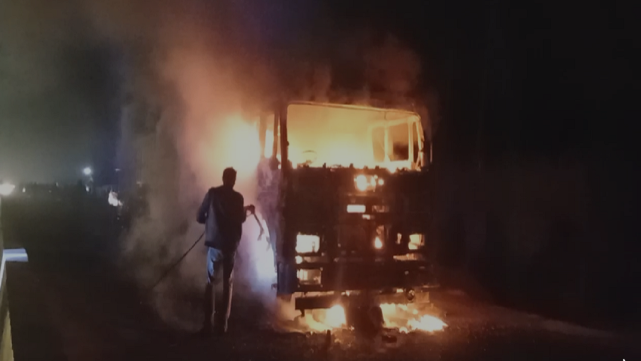 The truck hit the victim's scooty and caught fire (Photo: Times Now)