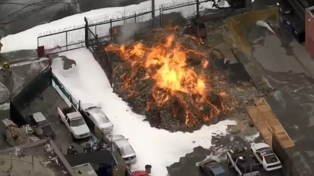 LA fire crews battle unusual blaze after pallets containing hand sanitizer caught fire | Screengrab from video by Sky5