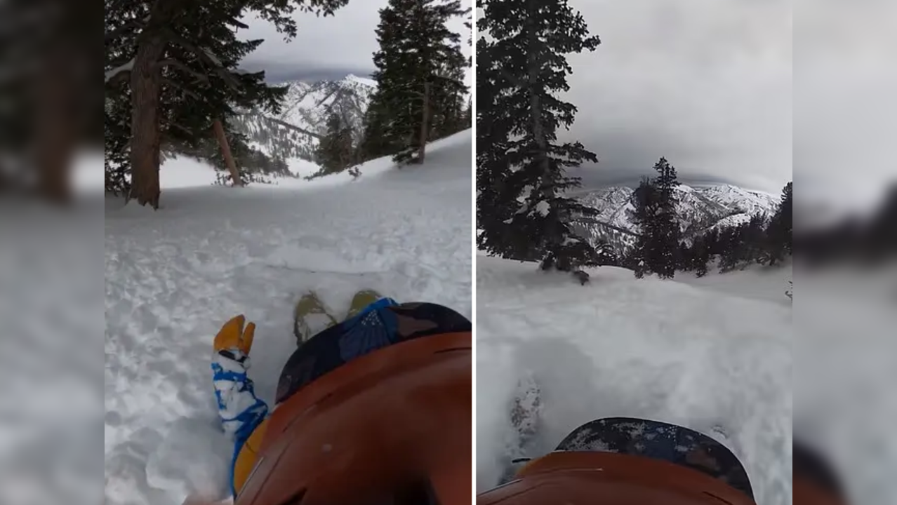 Viral video: Man on snowboard slides down mountain while trapped in ...