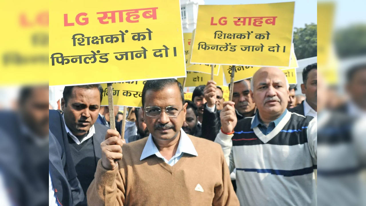 Delhi CM Arvind Kejriwal and Deputy CM Manish Sisodia along with party MLAs take out a protest march against LG Vinai Kumar Saxena over Teachers' Finland training trip during the first day of Delhi assembly at Vidhan Sabha