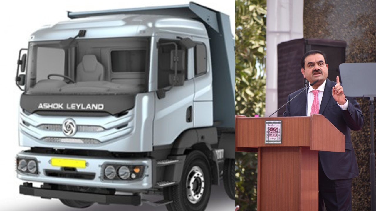 Ashok Leyland truck (left) Gautam Adani (right)