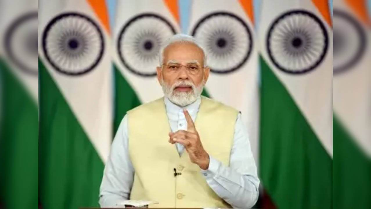 New Delhi : Prime Minister Narendra Modi addressing at the inaugural session of All India Conference of Law Ministers and Secretaries in Ekta Nagar, Gujarat through video message from New Delhi on Saturday, October 15, 2022. (Photo:IANS/PIB)