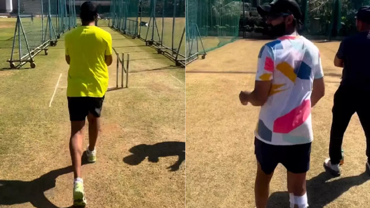 Ravindra Jadeja bowling at the nets.