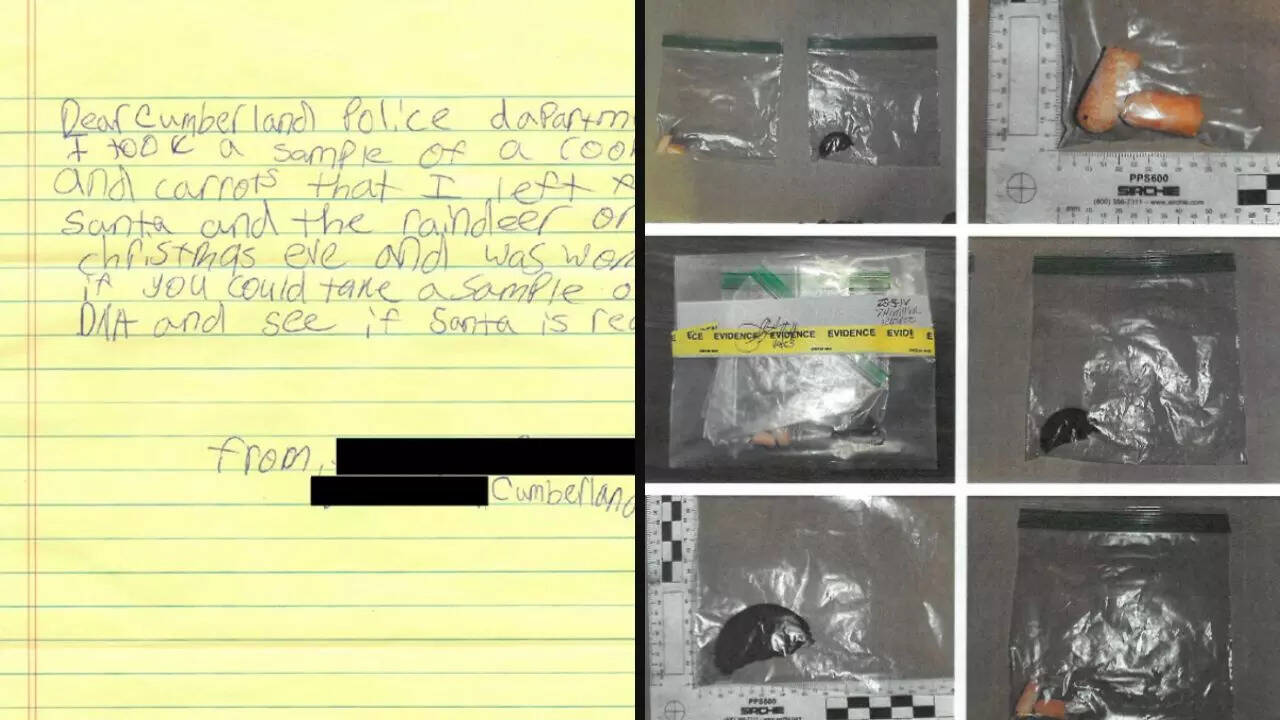 Left: A letter written to the police by a young girl requesting them for a DNA Test of evidence of Santa Claus; Right: Ziploc bags containing a cookie and carrot | Courtesy: Cumberland Police Department