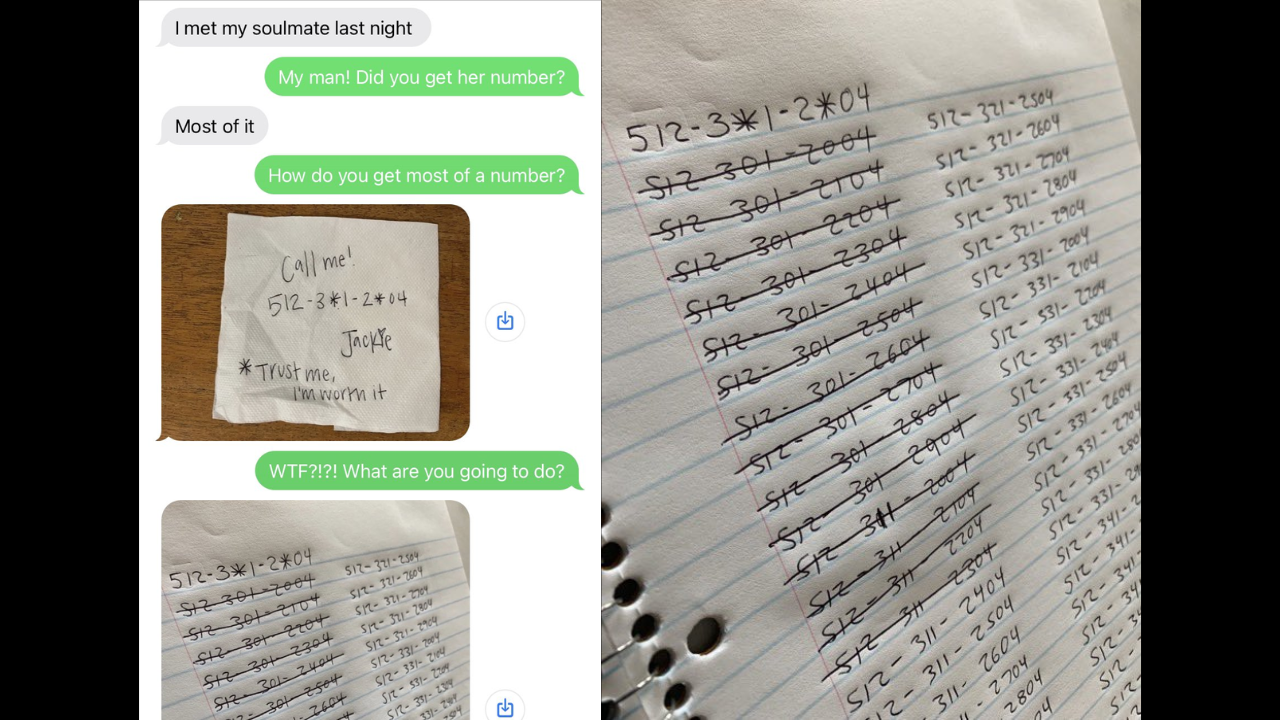 Girl gives her number to guy she met at bar but 2 digits are missing