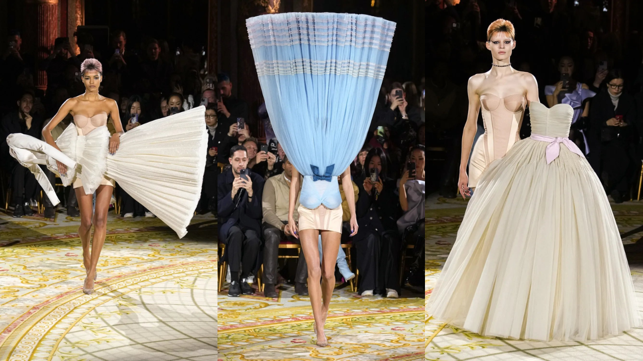 Models walk in upside-down, sideways and diagonal gowns at Paris Fashion Week