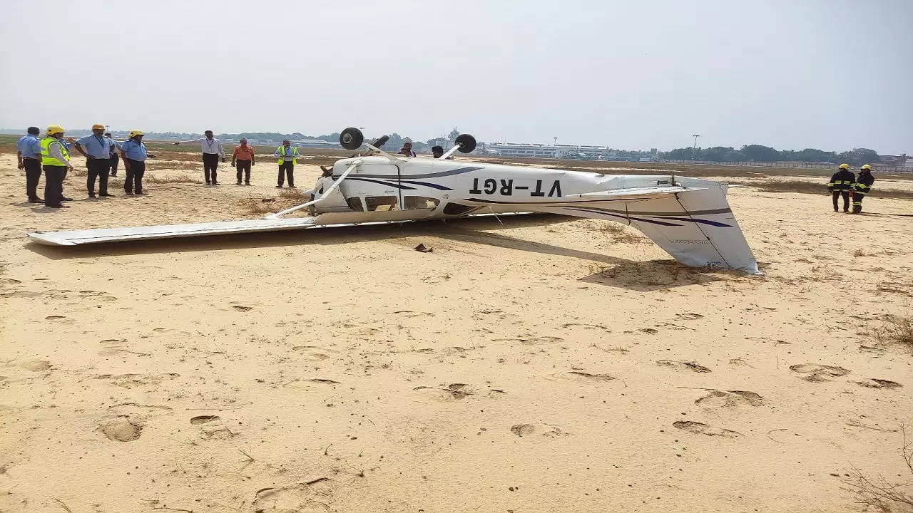 Trainer aircraft overturns at Thiruvananthapuram airport (Photo: Times Now)