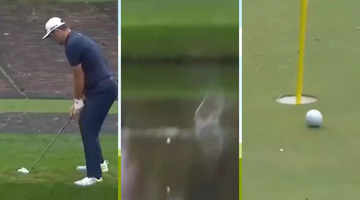 Viral video Golfer hits hole in one after skipping ball across water