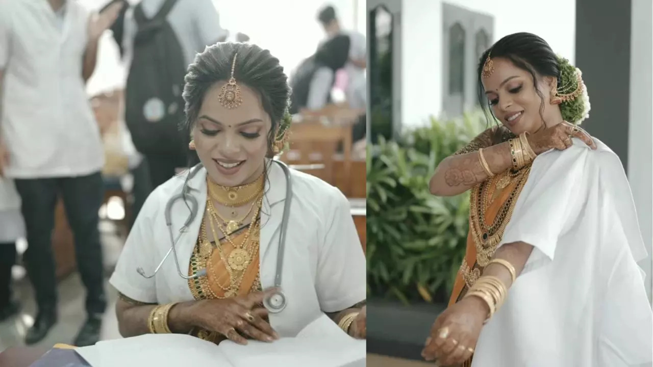 Stethoscope on wedding saree! Viral video shows Kerala bride attends  physiotherapy practical exam wearing lab coat over saree [Watch] |  Education News, Times Now