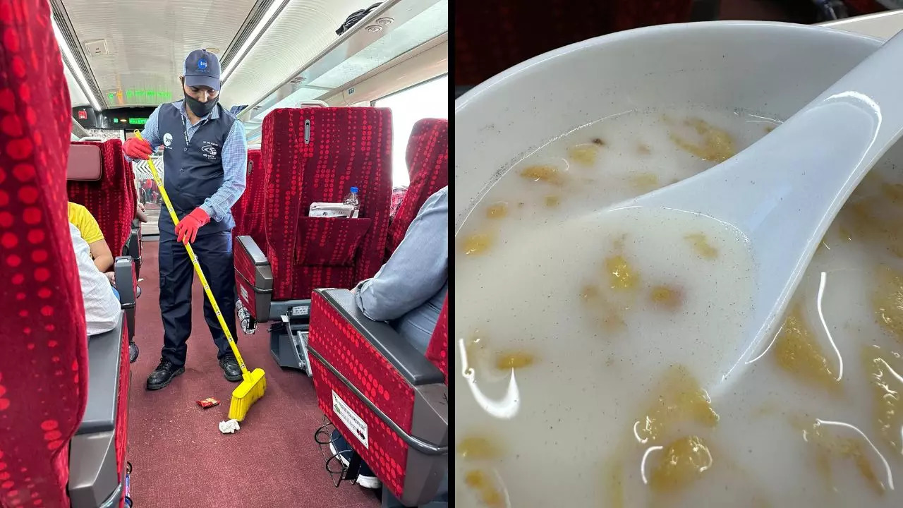 Photos supposedly taken by a passenger aboard the Vande Bharat Express train during a recent trip from Mumbai to Shirdi | Credit: @vireshnarkar/Twitter