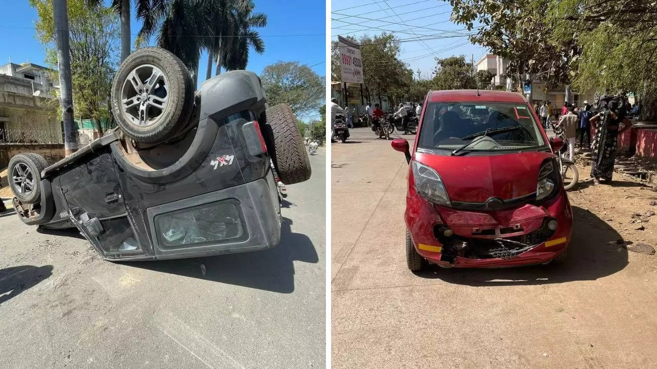 A Mahindra Thar lies overturned after colliding with a Tata Nano in a high-speed car accident in Durg, Chattisgarh | Photo: Twitter