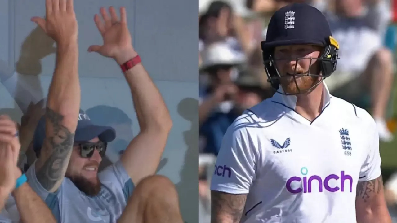 Brendon McCullum reacts after Ben Stokes breaks his sixes record.