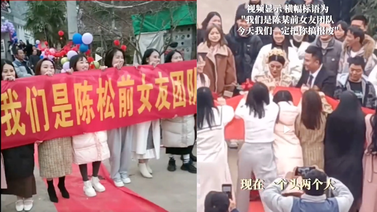 Groom's ex-girlfriends crash wedding with banner threatening to expose his past