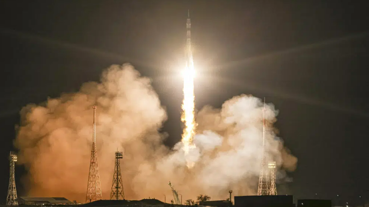 Empty Soyuz MS-23 capsule blasts off at the Russian leased Baikonur cosmodrome in Baikonur, Kazakhstan