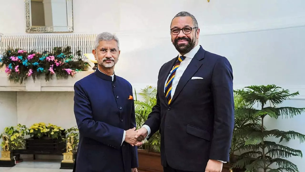 External Affairs Minister S. Jaishankar with U.K. Foreign Secretary James Cleverly during a meeting in New Delhi on March 1, 2023.