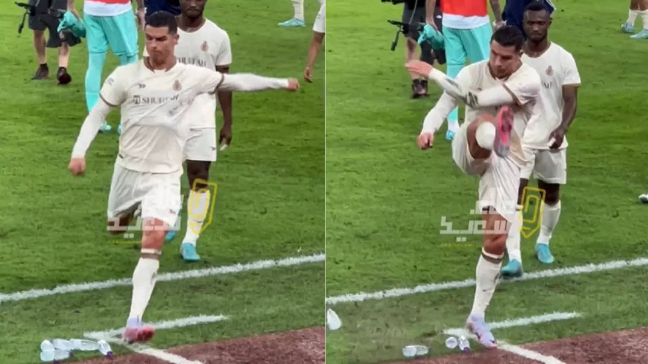 Crisitiano Ronaldo kicks bottle in anger.