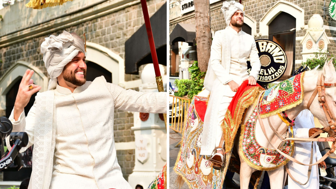 Dulha Ivor McCray dances his way to bride Alanna Panday as he reaches with band baaja baarat. PICS