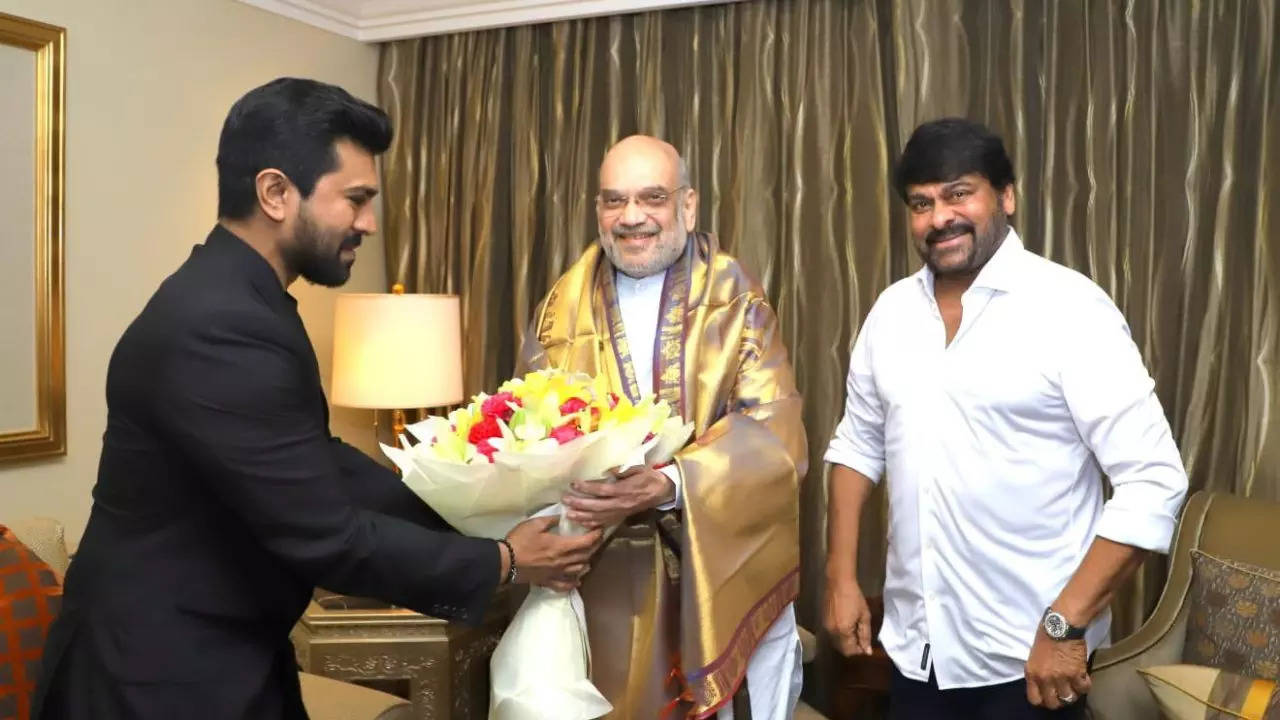 Amit Shah met with RRR fame actor Ram Charan and his father Chiranjeevi in New Delhi 