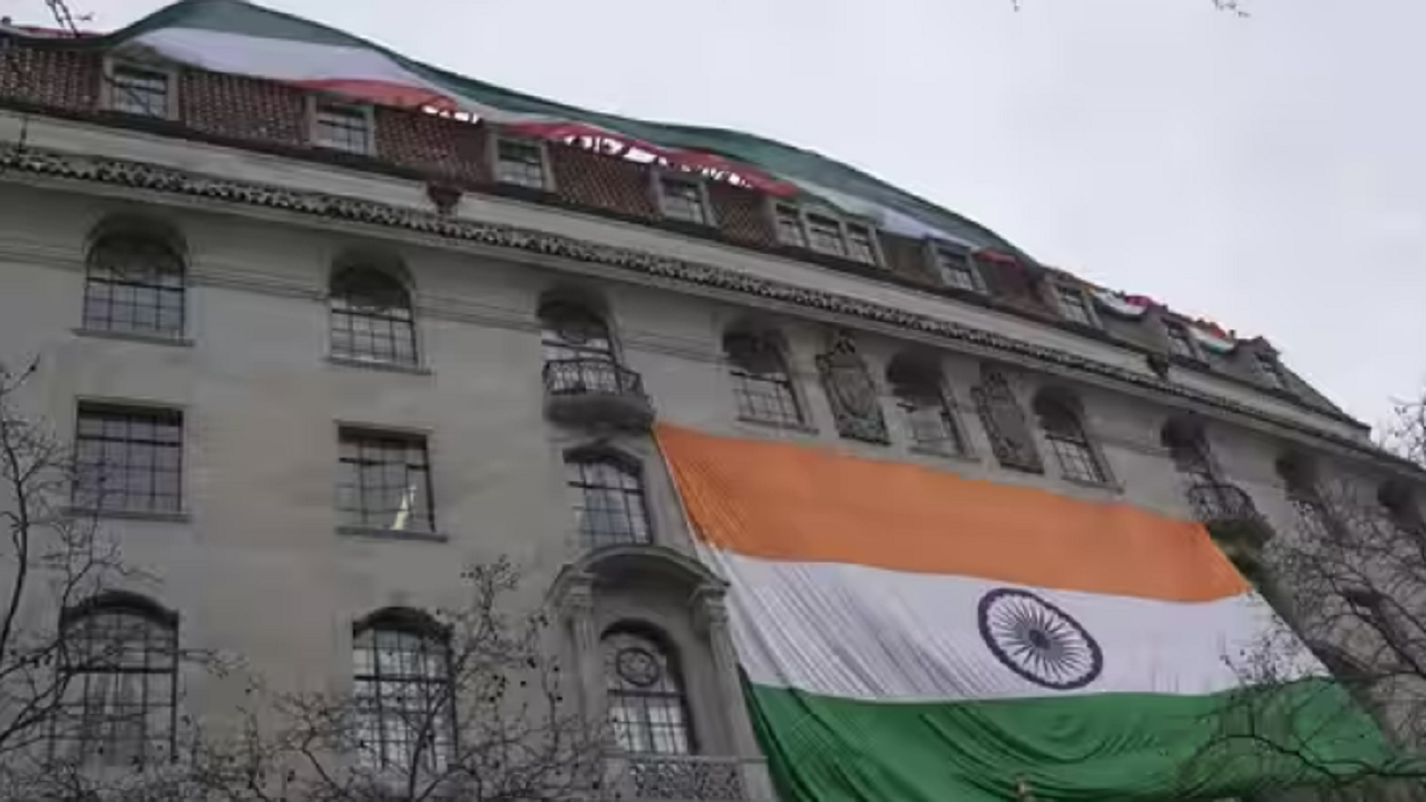 Giant Tricolour waves atop Indian High Commission building in UK