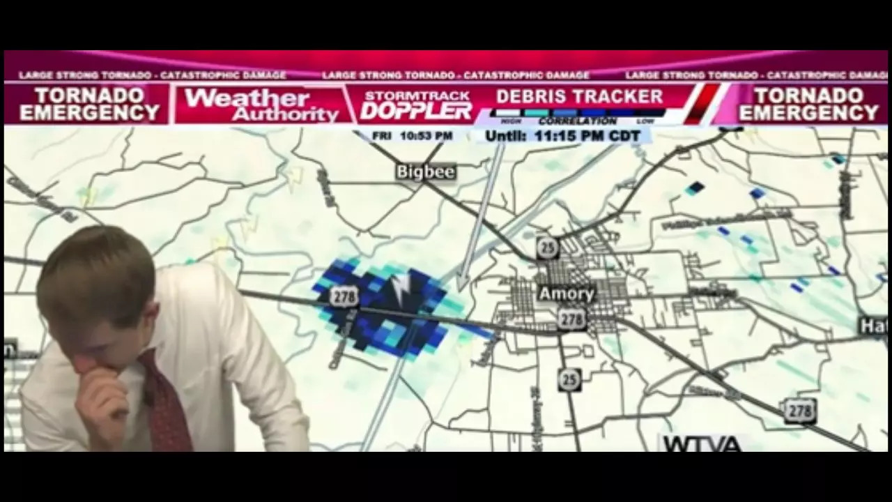 Mississippi tornado: Matt Laubhan, the chief meteorologist for local network WTVA was left speechless during his broadcast