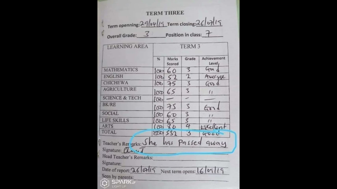 Teacher writes 'passed away' in student's report card