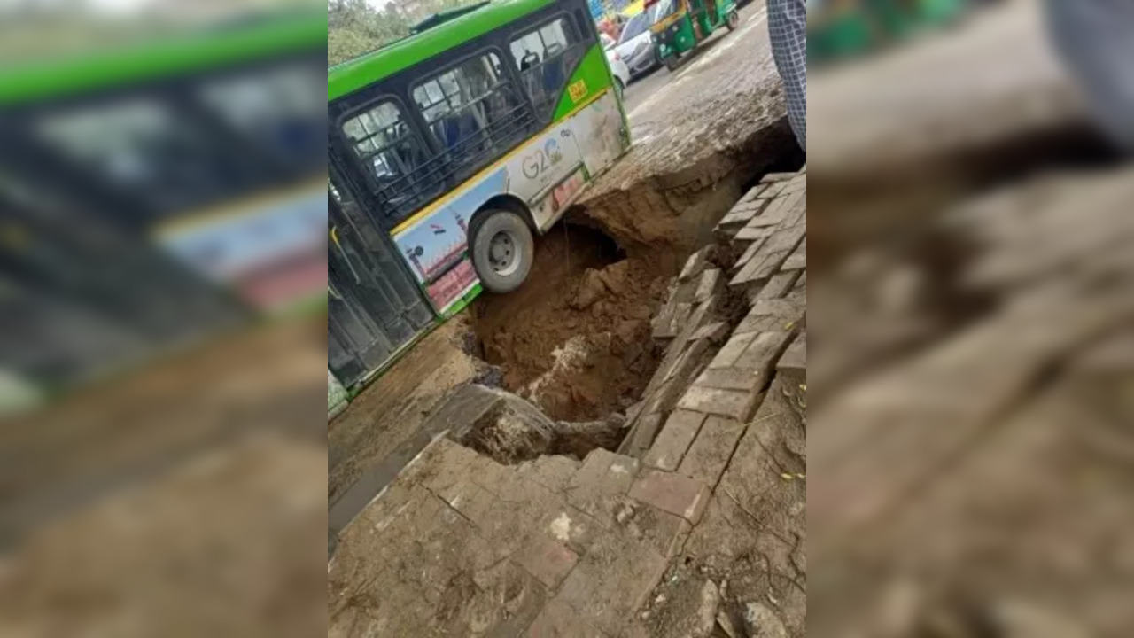 Portion of road caved in South Delhi