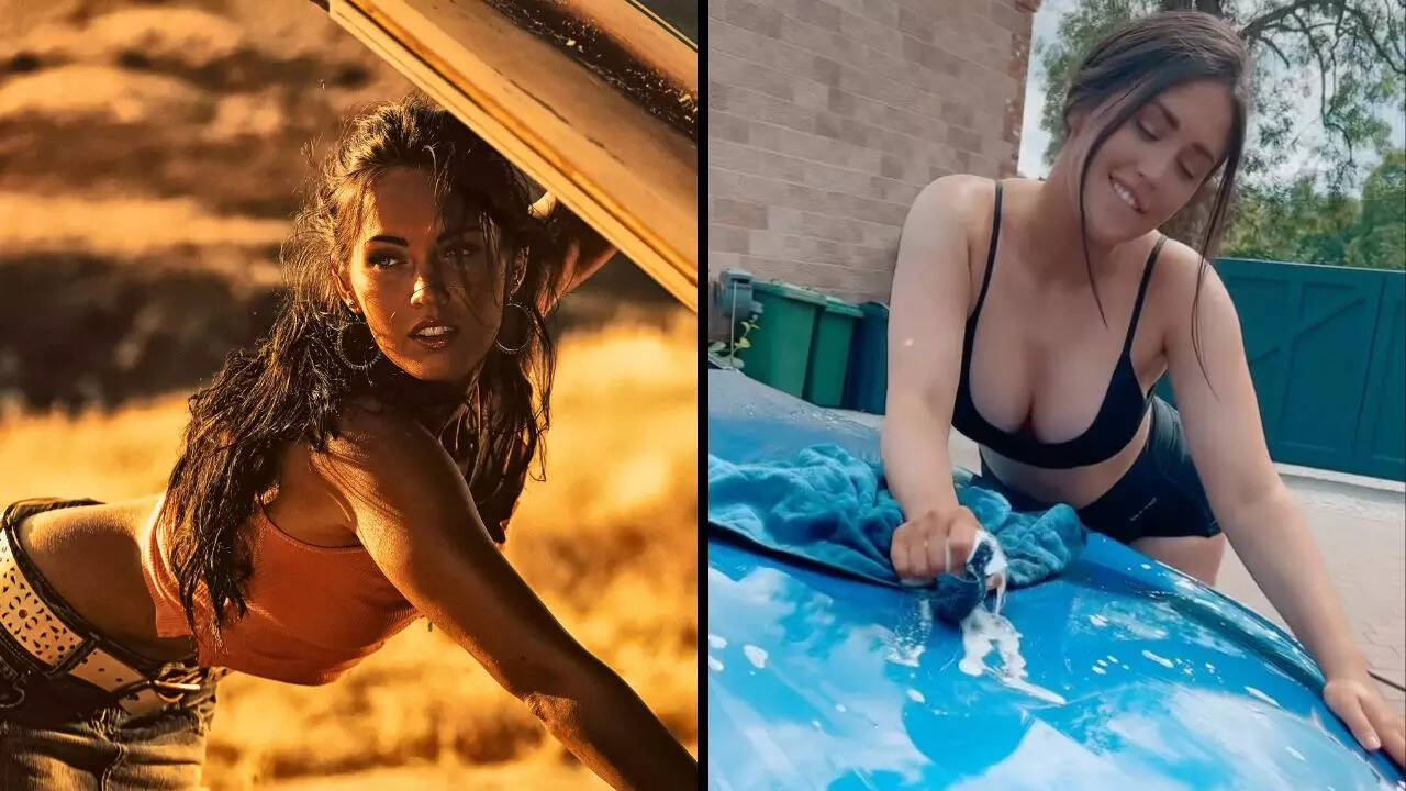 Megan Fox lookalike makes big OnlyFans bucks bending over cars in bra