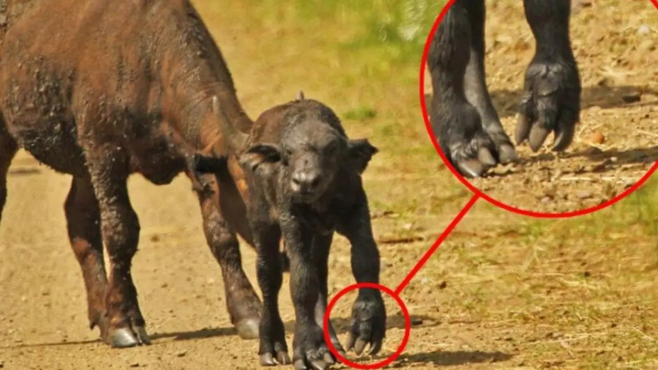 A buffalo calf born with 'bear-like claws' pictured with its herd near a waterhole in the central Kruger National Park of South Africa | Courtesy: UPI/LatestSightings.com