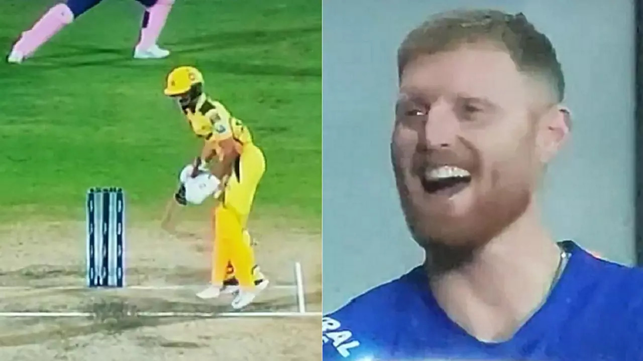 Ben Stokes reaction after Ruturaj Gaikwad gets hit by sandeep sharma delivery CSK RR IPL 2023.