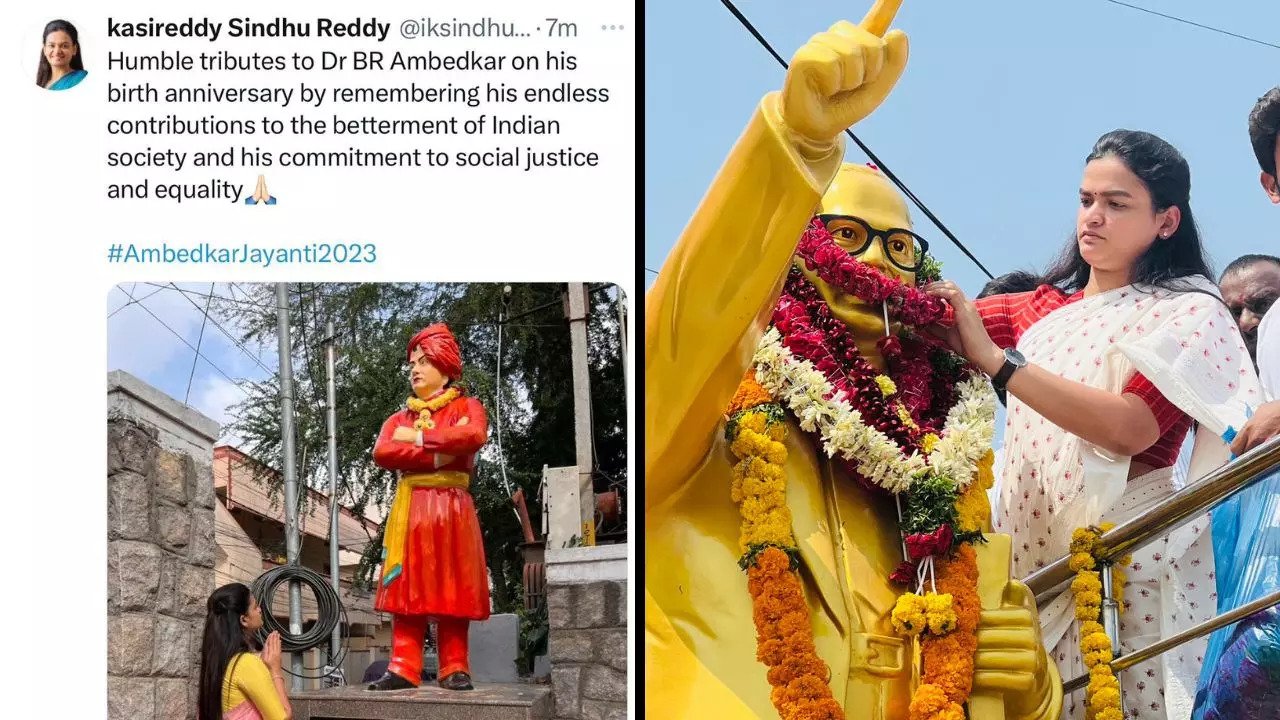 Telangana BJP Youth Wing leader Kasireddy Sindhu Reddy posted a picture of Swami Vivekananda in a now-deleted tweet intended to pay tribute to Dr BR Ambedkar on his birth anniversary, also known as Ambedkar Jayanti | Courtesy: @zoo_bear/Twitter