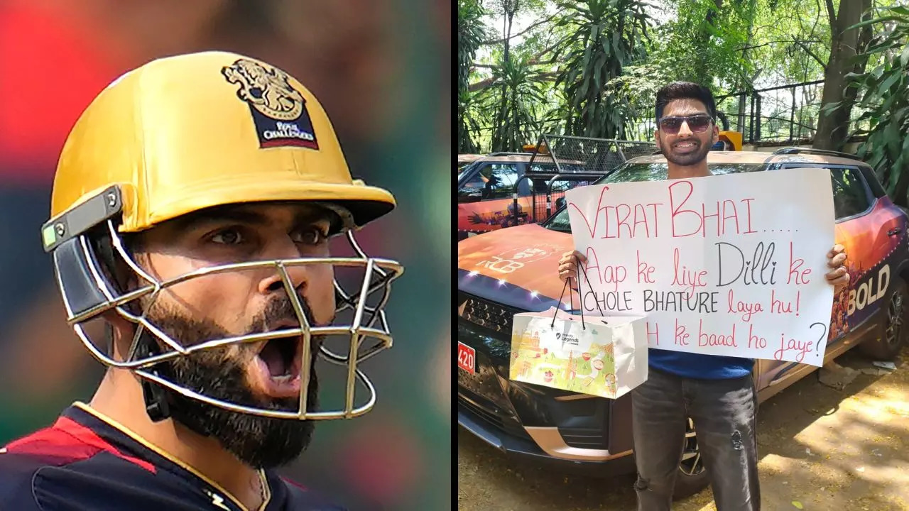 Manan Khurana shows off his 'Dilli Ke Chole Bhature' for Virat Kohli outside the RCB hotel ahead of the RCB vs DC match. Kohli's love for the Punjabi delicacy has been widely known among his fans, and Khurana's gesture has caught the attention of many.