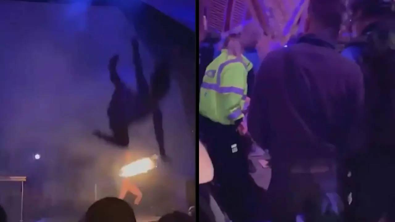 Screenshot captures the Coachella dancer mid-fall during a 20-feet plunge before she crashed into the stage in the middle of a live performance at the music festival in California on Saturday | Courtesy: TMZ/Youtube