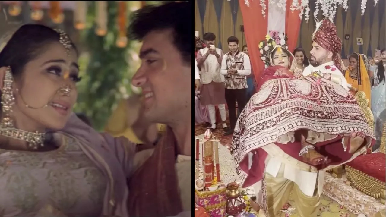 Bride and groom moment: Prateek Modi carries Shatakshi Barve during their wedding Pheras in sight reminiscent of Aamir Khan and Manisha Koirala starrer Mann's climax scene | Screenshot courtesy of Shemaroo/@preganest