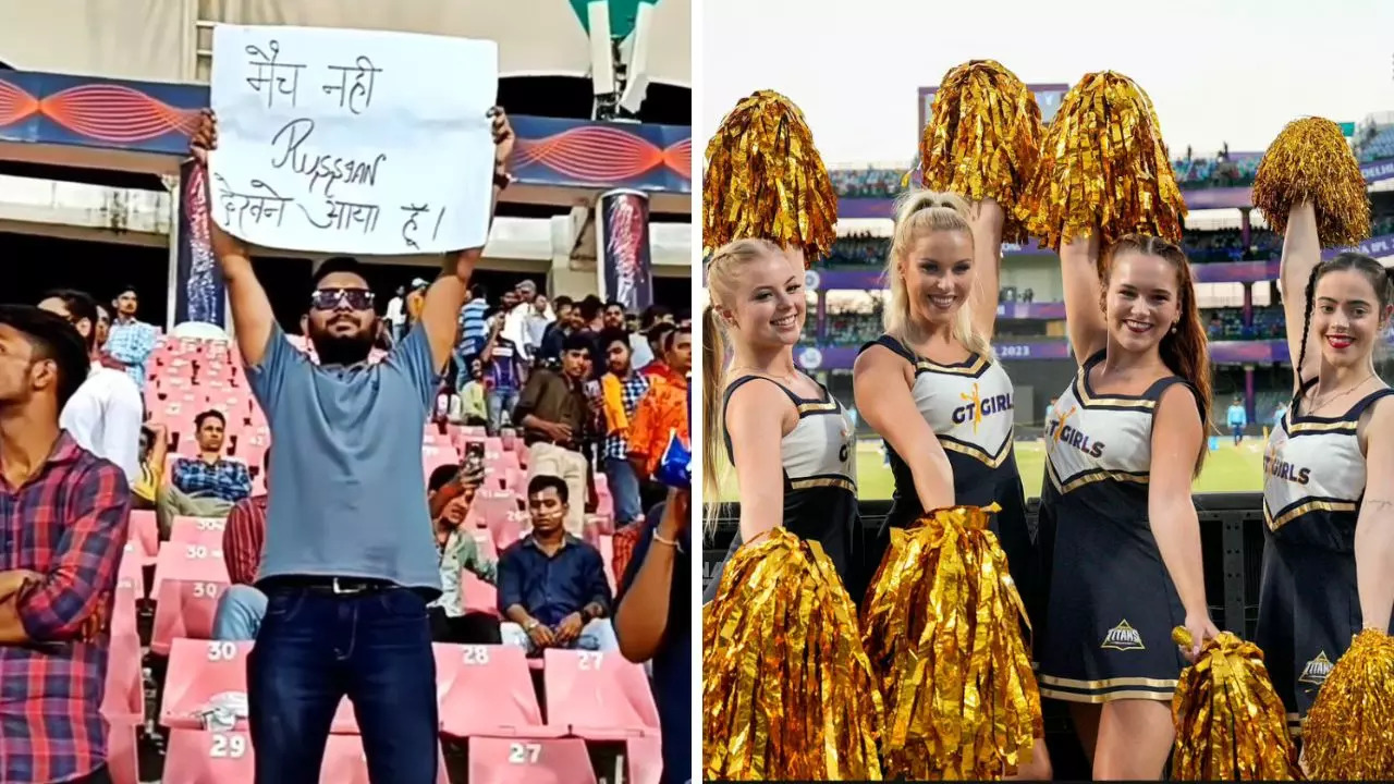 A spectator at an IPL 2023 match between Gujarat Titans and Lucknow Super Giants holds a placard confessing he was there to see Russian cheerleaders