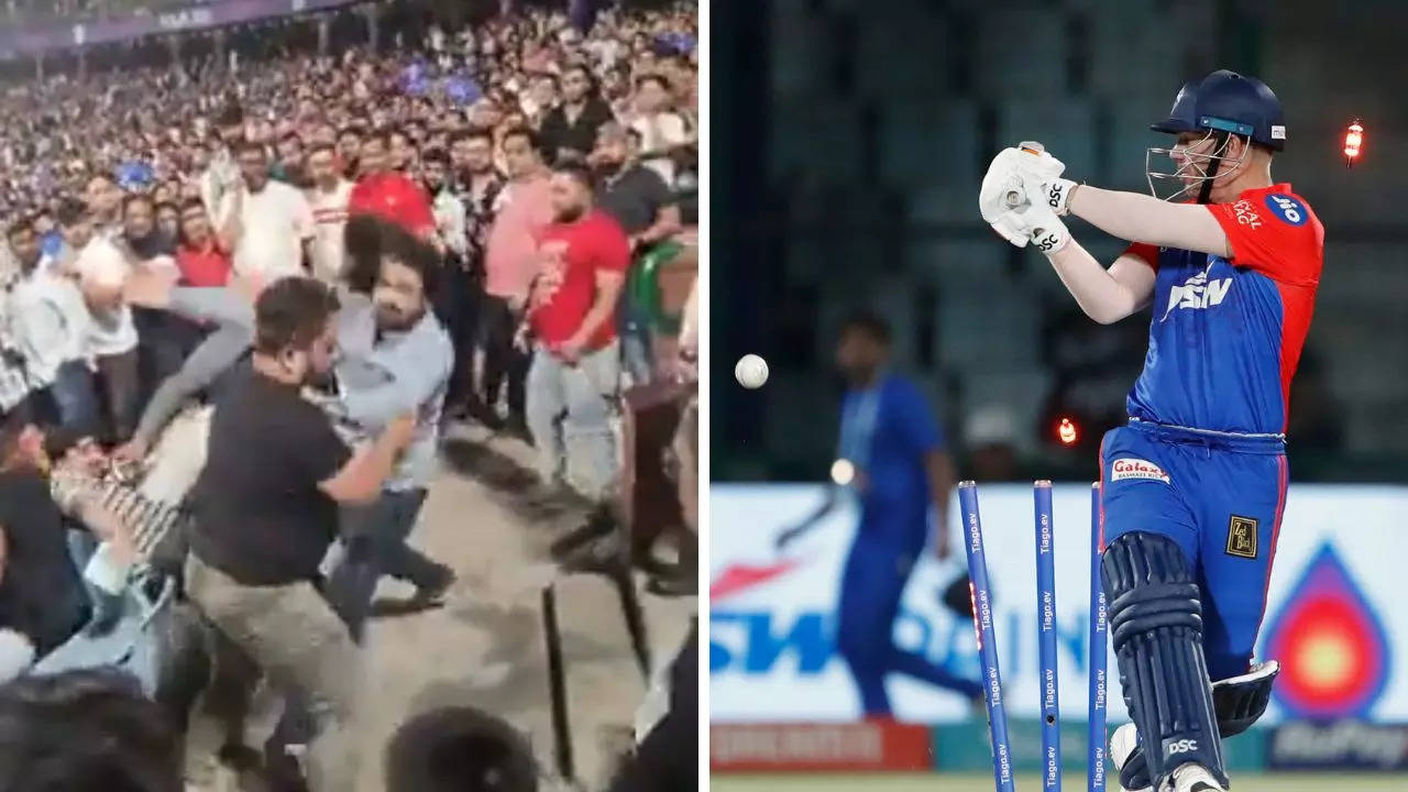 A violent fight broke out in the stands at Arun Jaitley Stadium during Saturday's IPL 2023 match between Delhi Capitals (DC) and Sunrisers Hyderabad (SRH) | Left: Screenshot from @mufaddal_vohra/Twitter; right: AP